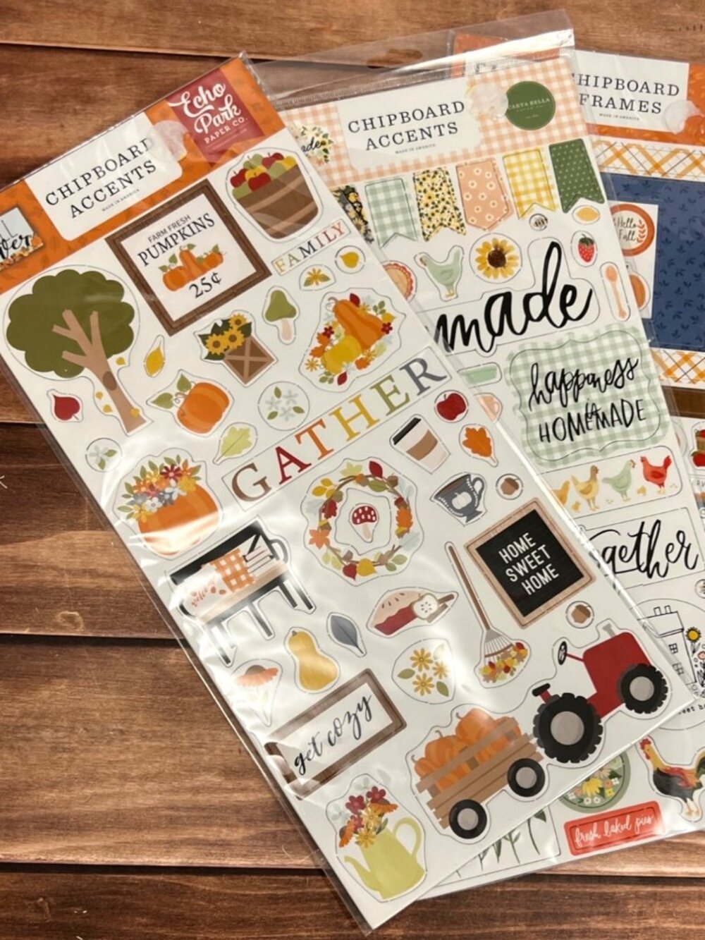 Echo Park Fall & Homemade Chipboard Accents & Frames Lot Of 3 AUTUMN